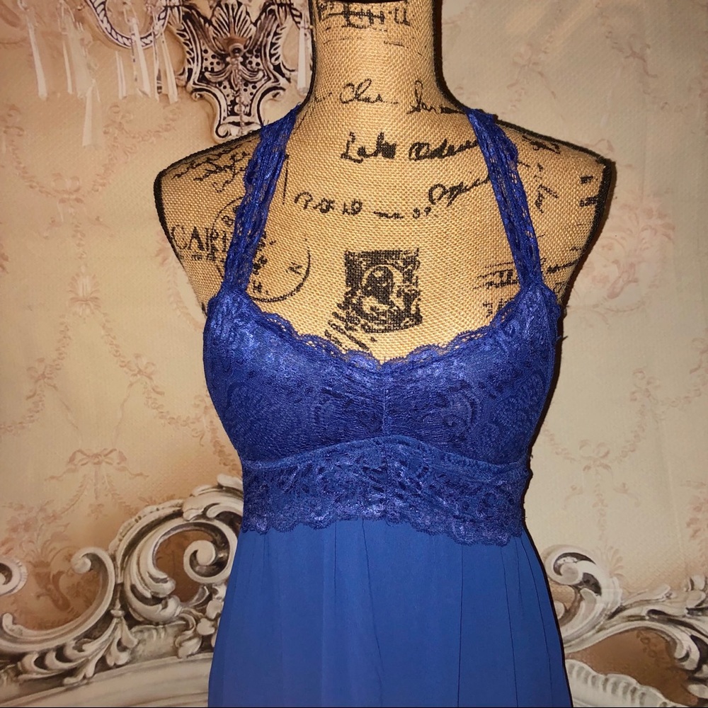 Royal Cobalt Blue Lace Chiffon Double Slit Maxi Dress - Picture 7 of 10
